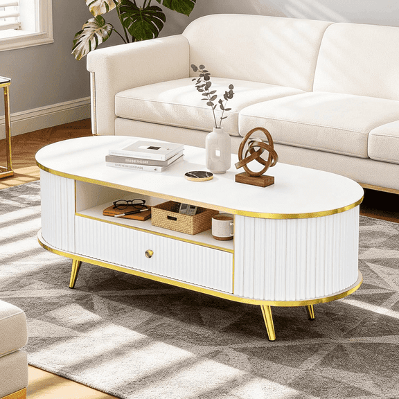 47in Fluted Oval Coffee Table with LED Lights & Storage, Curved Design with Drawers, Gold Metal Accents, White