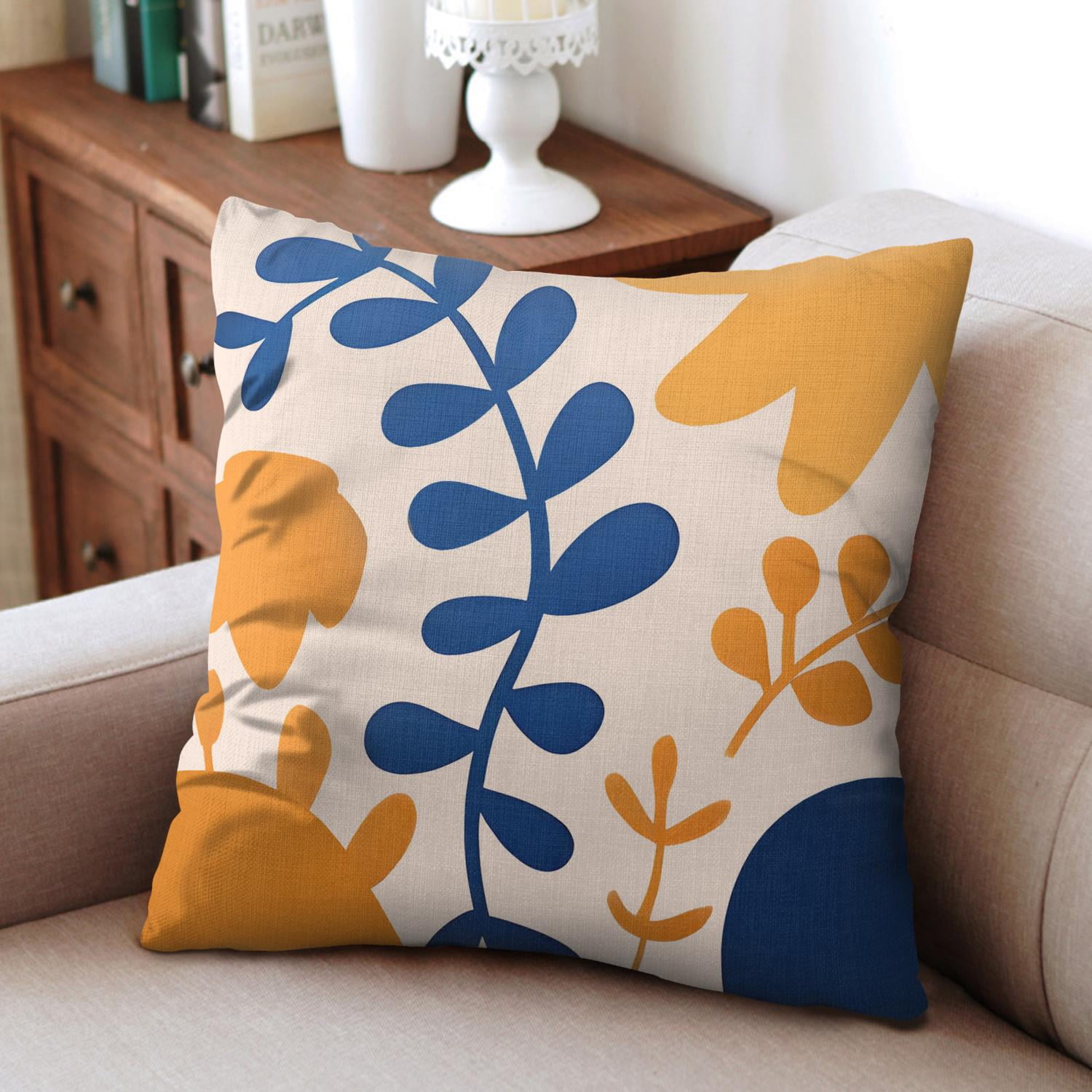 Blue Yellow Leaves Farmhouse Decor Throw Pillow Covers 16 X 16 Inch, Set Of 4, Linen Study Sofa Cushion Cover Indoor Living Room Home Decor