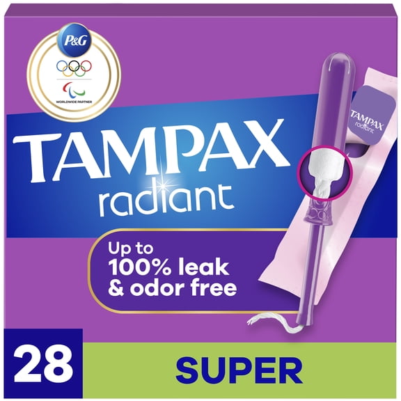 Tampax Radiant Tampons with LeakGuard Braid, Super Absorbency, 28 Count