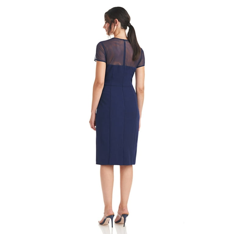 JS COLLECTION Womens Navy Stretch Pleated Zippered Lined Short Sleeve Illusion Neckline Knee Length Party Sheath Dress 8 Walmart