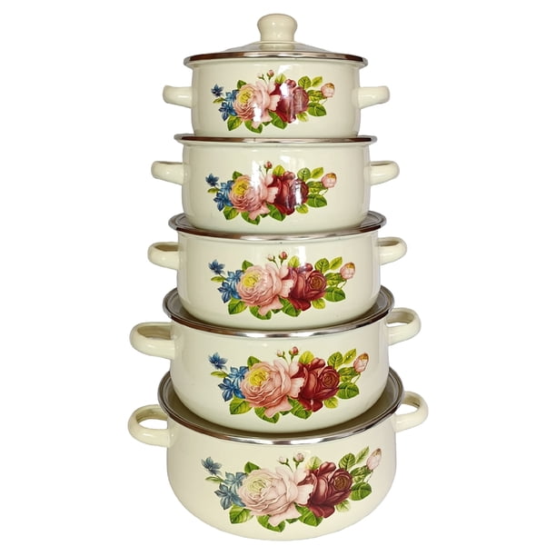 RD ROYAL COOK Juego de Cacerolas Esmaltadas de Peltre con tapa (10 Piezas) Diseño Vintage Higiénico