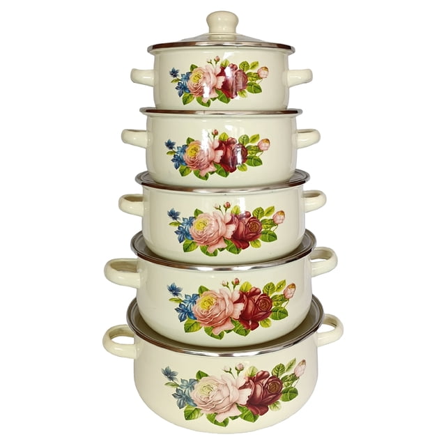 RD ROYAL COOK Juego de Cacerolas Esmaltadas de Peltre con tapa (10 Piezas) Diseño Vintage Higiénico