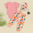 thumbnail image 3 of Bagilaanoe 3pcs Newborn Summer Outfits Baby Girl Pants Set Letter Short Sleeve Romper Tops + Floral Leggings + Hat 3M 6M 12M 18M Infant Casual Clothes, 3 of 7