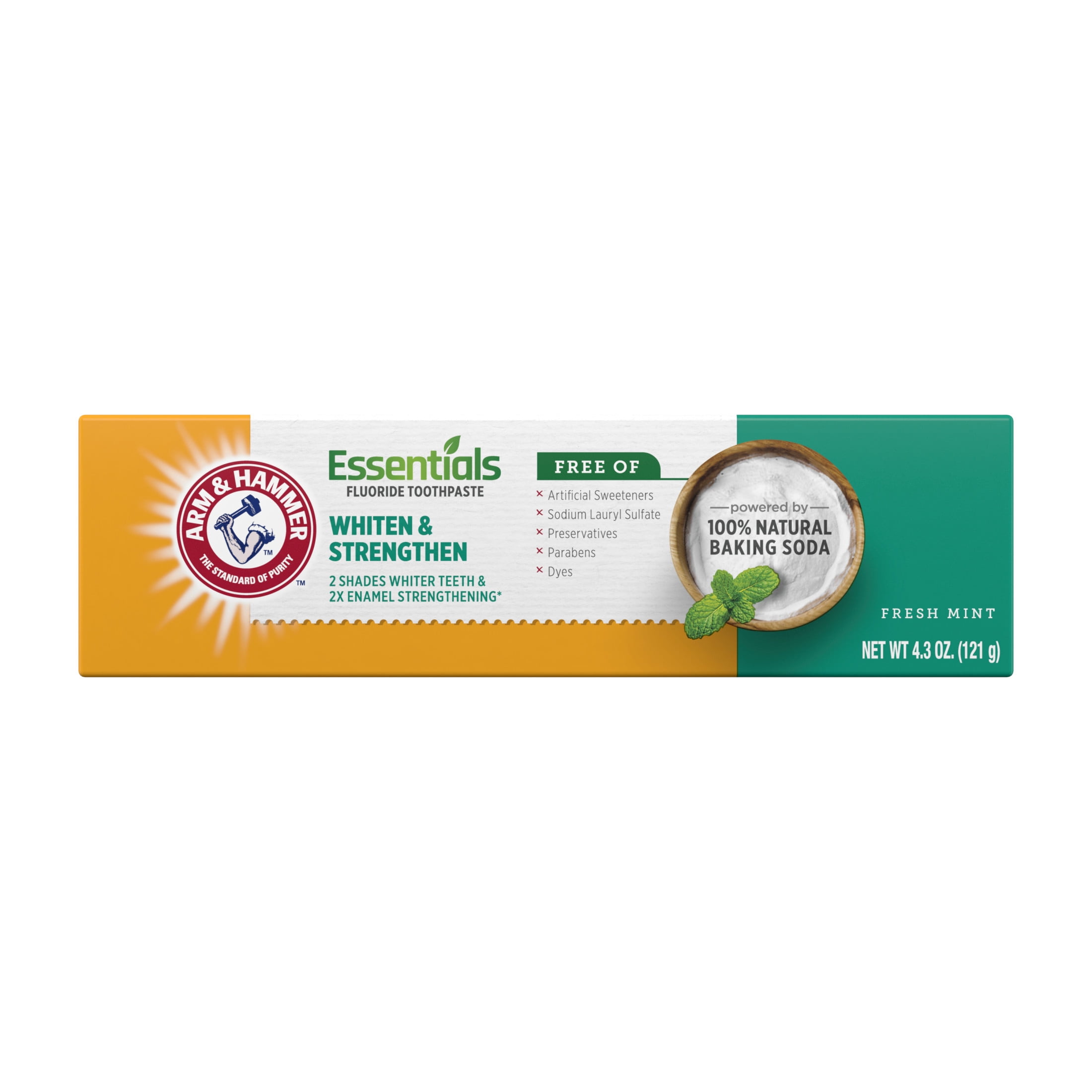 ARM & HAMMER Essentials Whiten & Strengthen Fluoride Toothpaste-One 4.3oz Tube, Fresh Mint- 100% Natural Baking Soda- Fluoride Toothpaste