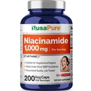 NusaPure Niacinamide 1000mg in 200 Veggie Capsules, Non-GMO & Gluten-Free, Dietary Supplement for Unisex Adult Health & Wellness
