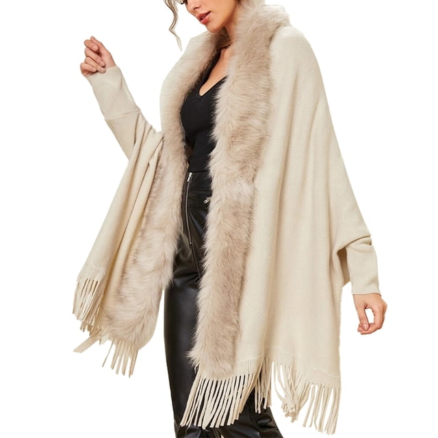 Cárdigan para mujer, suéter, cuello de piel sintética, decoración, dobladillo, borla, manga larga, suéter informal, abrigos, albaricoque M