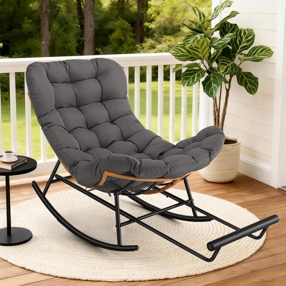 Papasan Rocking Chair with Removable Polyester Cushion and Extendable Footrest, Cozy Rattan Rocker for Porch, Lawn, Bedroom and Living Room, Grey