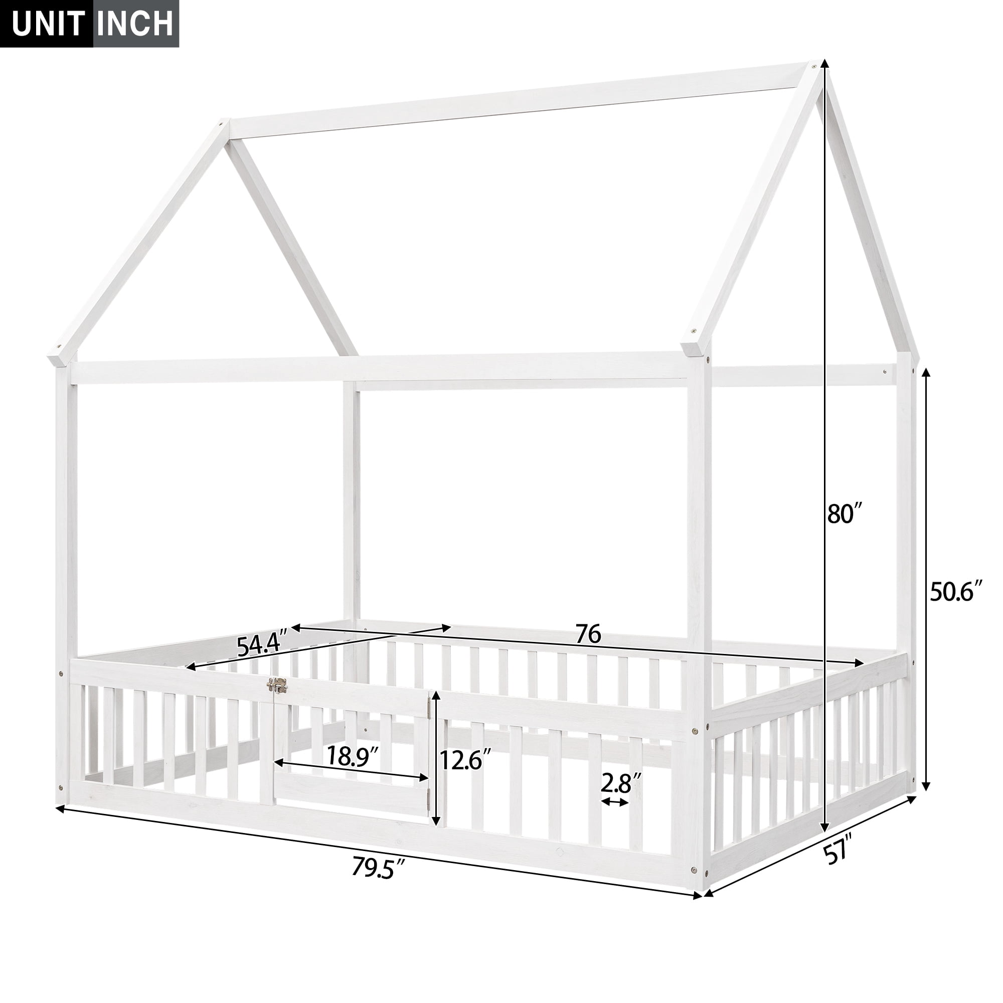 Harper & Bright Designs House Floor Bed with Fence & Roof, Full Size Wood Playhouse Bed Frame wih Rails & Door for Boys Girls, White
