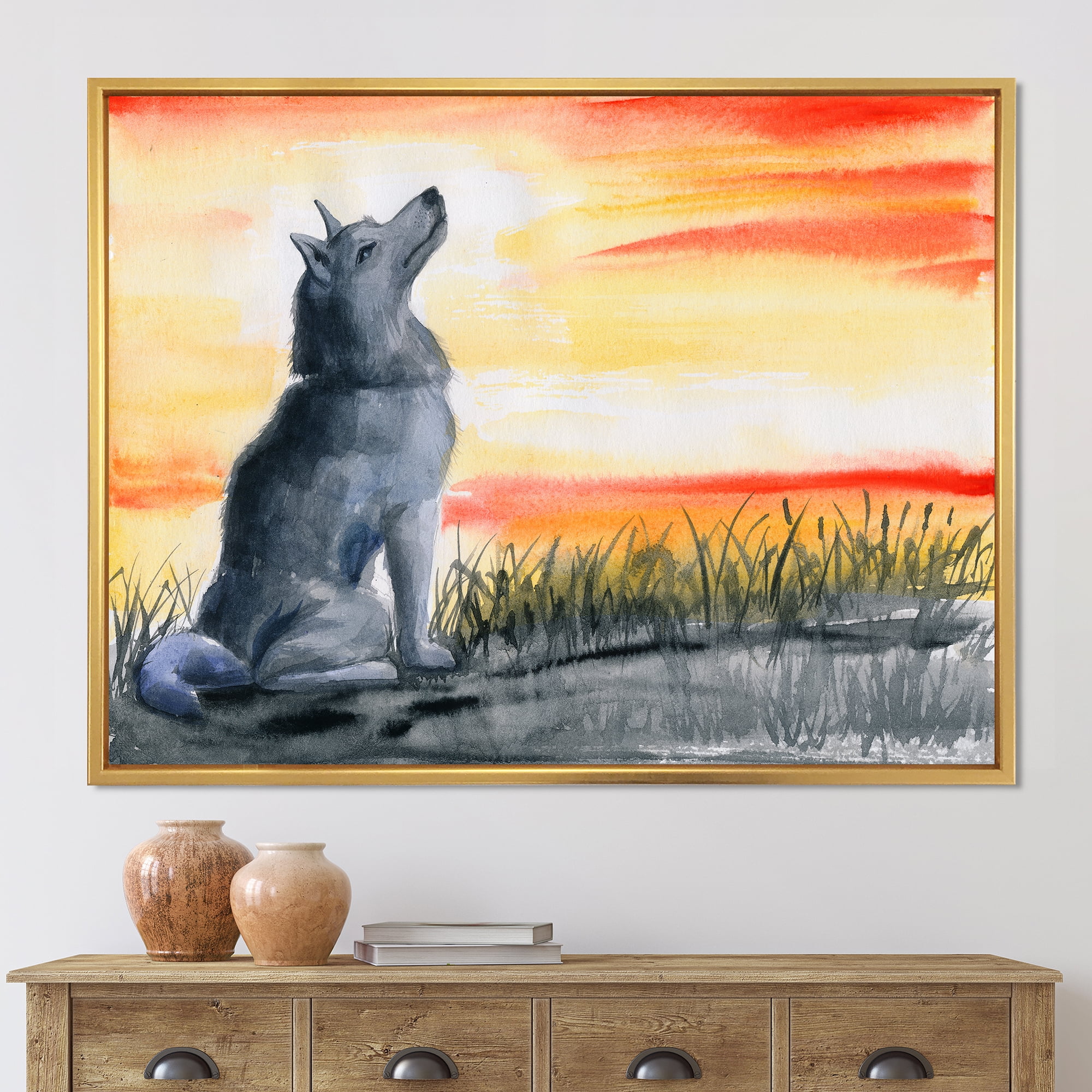 Designart 'Portrait Of Grey Wolf Howling At The Moon' Traditional Framed Canvas Wall Art Print