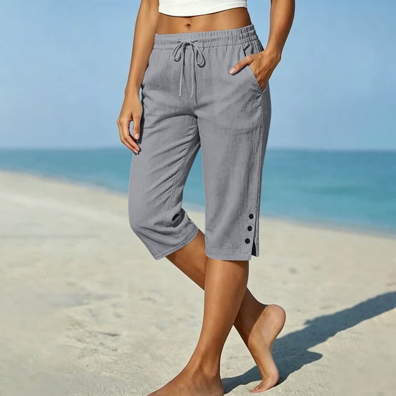 Karight Cotton Linen Capri Pants for Women Split Hem Petite Bermuda Shorts Knee Length Elastic Waist Summer Beach Long Shorts