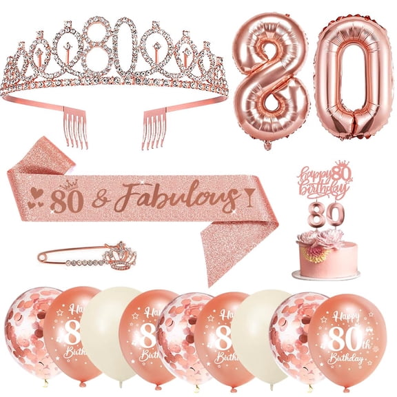 AYUQI 80th Birthday Decorations Party Set for Women Birthday Gifts, 80 & Fabulous Sash and Tiara, 80th Birthday Candles and Cake Topper, Rose Gold 80th Balloons, Rhinestone Brooch, Number 80 Balloon