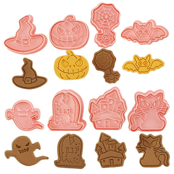 8Pcs Halloween Cartoon Cookie Moulds Pumpkin Ghost Cutter Tools Cookie Stamps Set for Home DIY Cookies Baking Shop Use