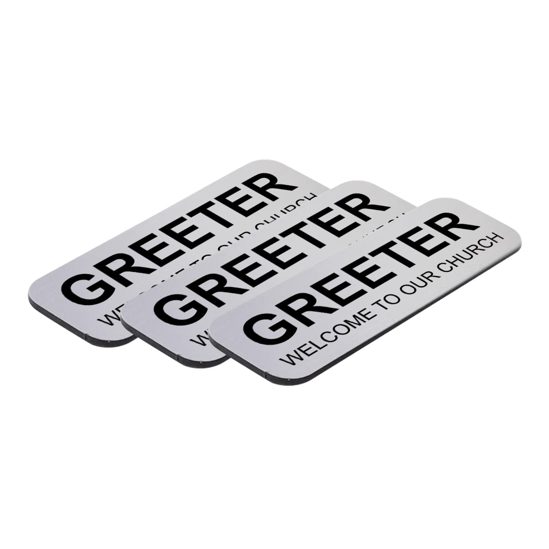 Greeter To Our Church 1 x 3" Name Tag, Silver (3 Pack