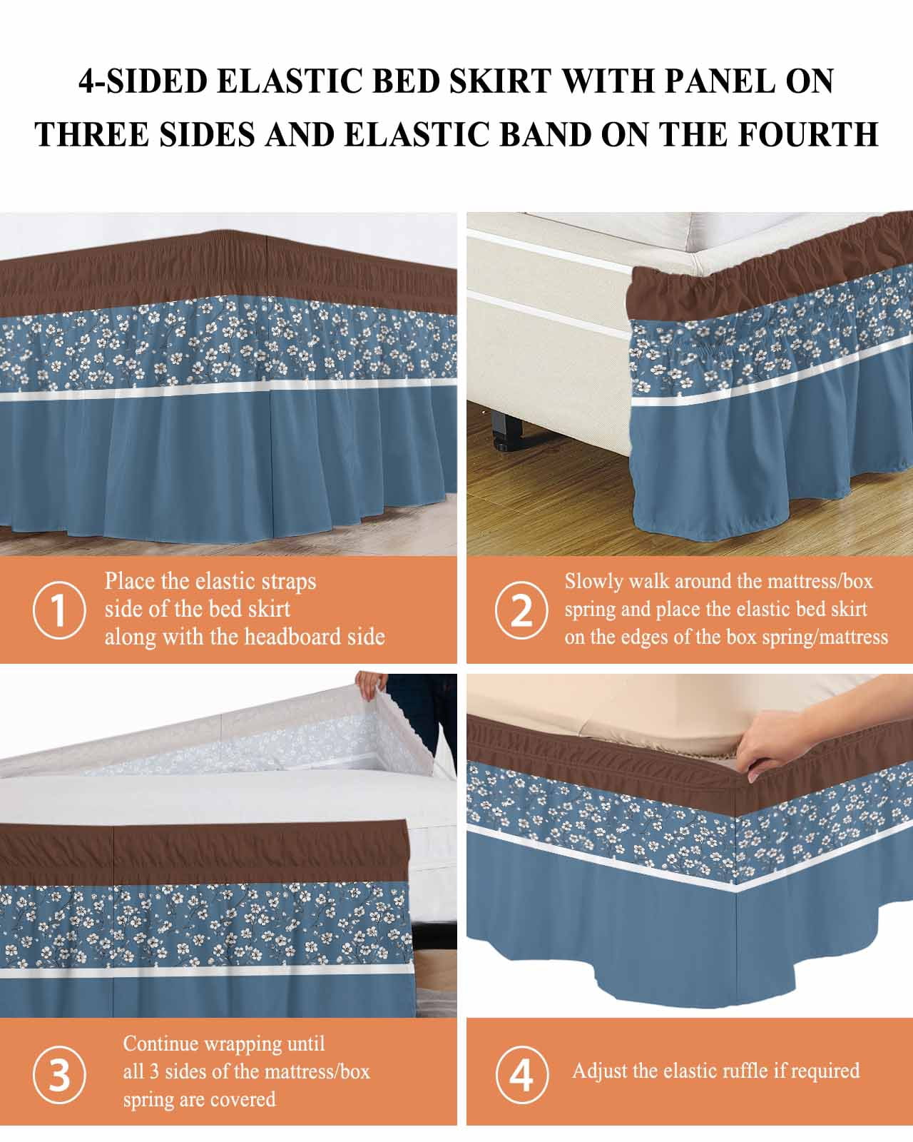 Blue Brown Flowers Wrap Around Bed Skirts for California King Bed 16" Drop,Bed Skirt with Adjustable Elastic Belt Dust Ruffle Bed Valance for Bedroom Classic Botanical Art Elegant Bed Frame Cover