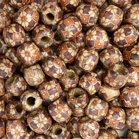 160 Patterned Wood Barrel Drum Beads in Dark Brown with Flowers Design 17mm x 16mm with 7.4mm Large Hole
