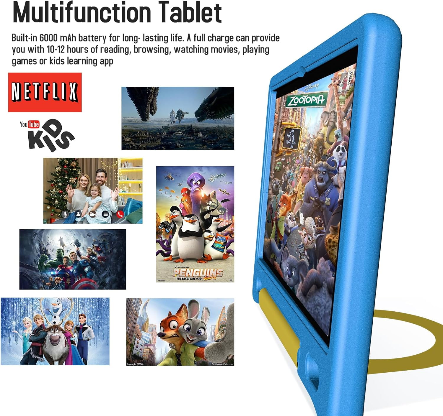 Kids Tablet with Strap, Android 14 Tablet for Kids 10 inch , Toddler Tablet Octa-Core 64GB 1TB Expandable, Children's Tablet with Case, Bluetooth WiFi Parental Control Dual Camera, 12-hr battery