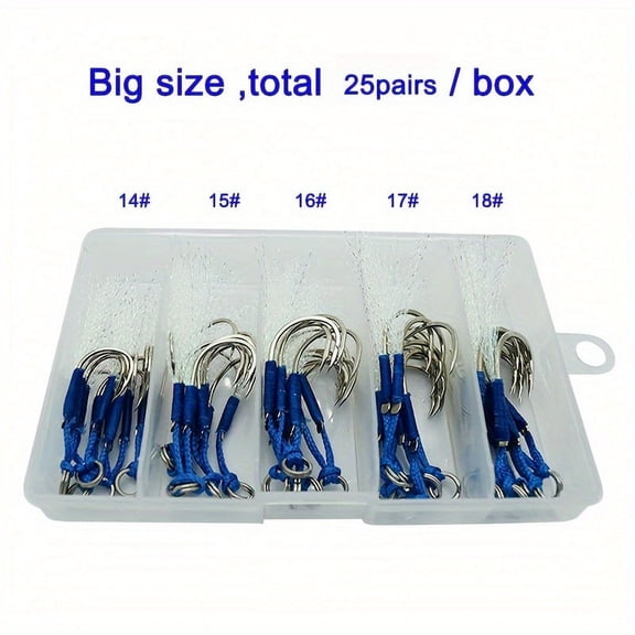 50pcs/25 pairs of tied hair hooks for boat fishing, trolling, sea fishing, and lure hooks, blood channel iron plate double hooks. Tackle Box, for freshwater and saltwater,14#, 15#, 16#, 18#, 20#