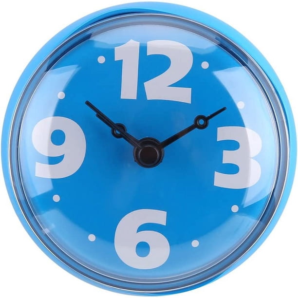 Reloj de ducha redondo impermeable para baño, esfera de 7 cm de diámetro, ventosa, números arábigos fáciles de leer, esfera digital, números de baño (azul)