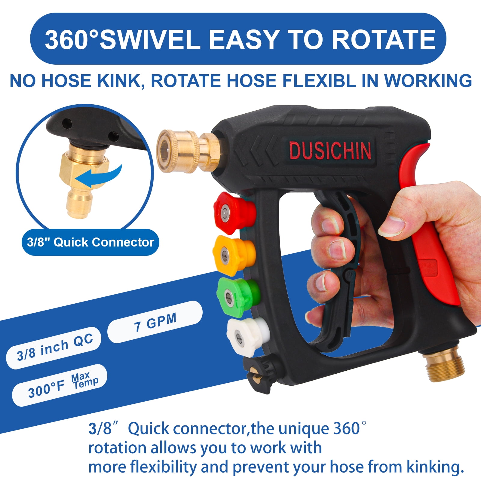 DUSICHIN Short Pressure Washer Wand High Spray Gun 5 Nozzle Tips 3000 PSI,Foam Cannon Attachment 1/4" Quick Connector Outlet,M22-14mm M22-15mm Fitting,Not Use with Garden Hose