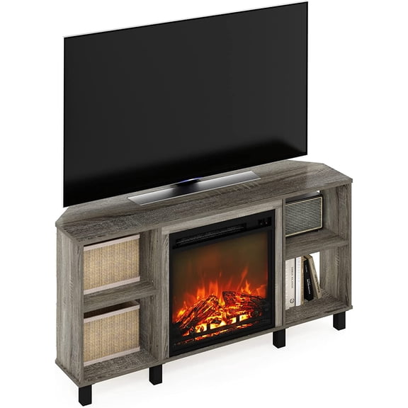 Furinno Jensen Corner Fireplace TV Stand for 55 Inch TV, French Oak Grey | Electric Fireplace, 4 Open Compartments, Entertainment Center, TV Console, for Living Room, Bedroom