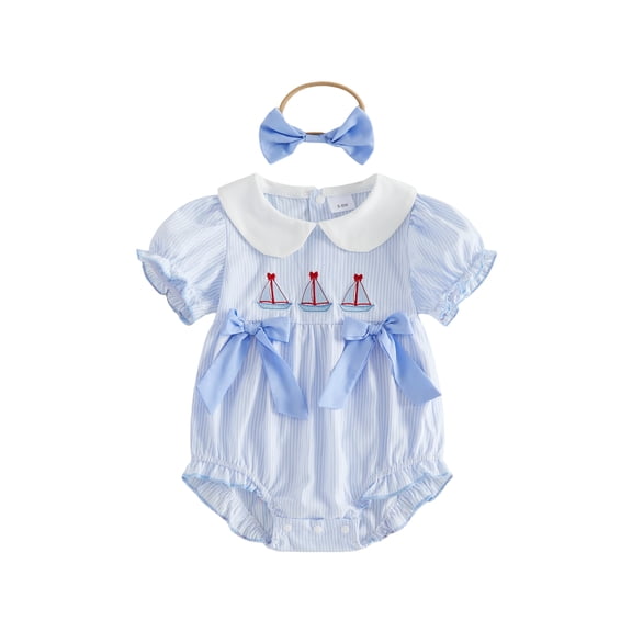 BemeyourBBs Newborn Baby Girls Summer Clothes Infant Baby Girl Sailboat Outfit Bubble Rompers Embroidery Stripe Doll Collar Short Sleeve Bodysuits Jumpsuits with Headband Set