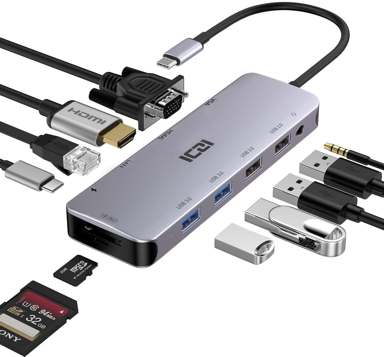 Grey Kamtop 5 in 1 Type-C Hub USB C 3.0 Multi Charging Adapter Card Reader for MacBook Pro 