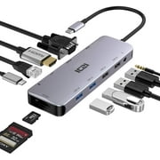 USB C Hub, ICZI 11 in 1 Macbook pro Adapter With Dual Video Display 4K HDMI & VGA,3.5MM Audio Converter,4 USB Ports,
