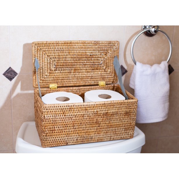 Artifacts Rattan™ Rectangular Double Toilet Roll Holder with Hinged Lid