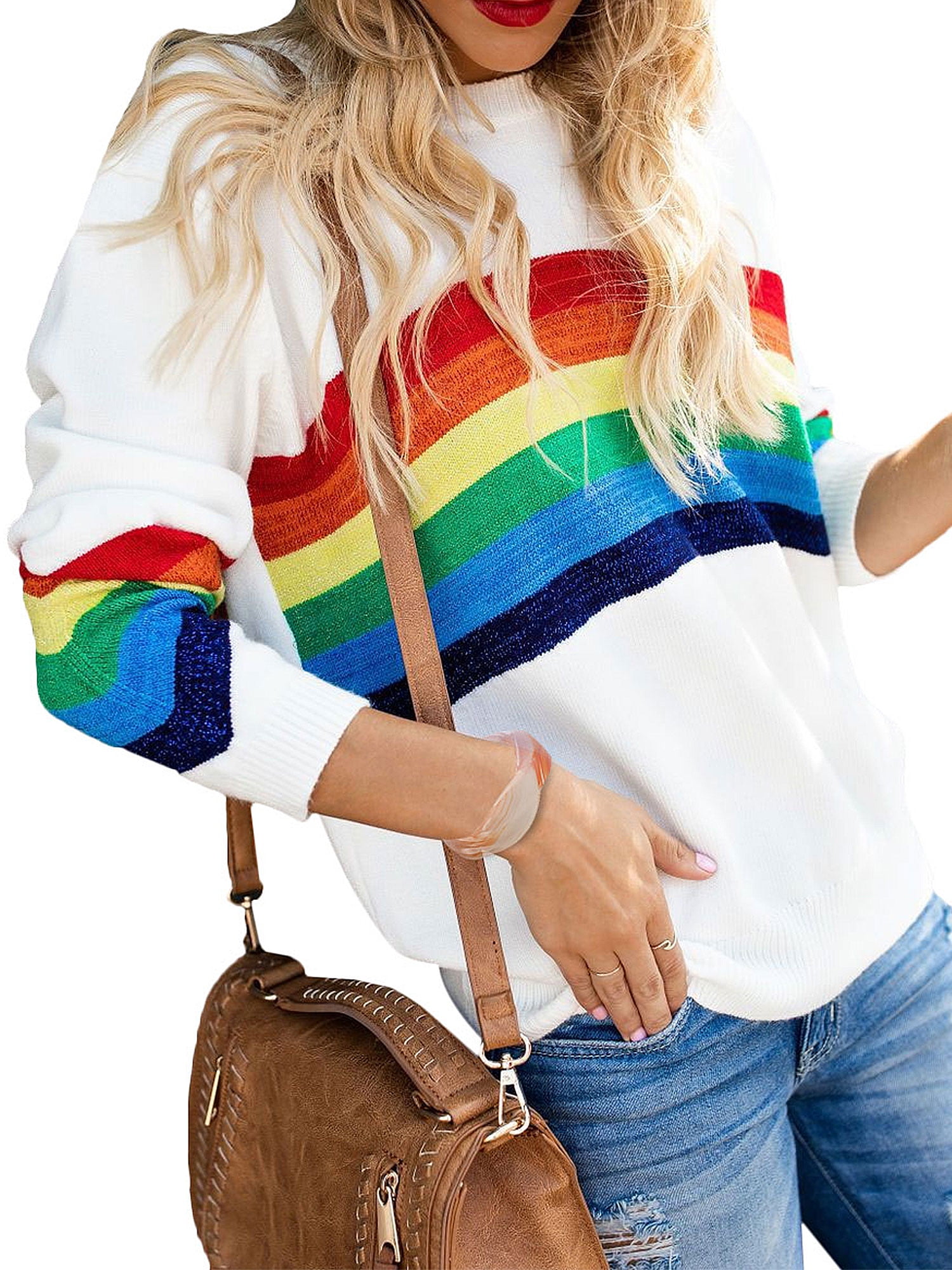Fashionhe Rainbow Patchwork O Neck Sweatshirt Women Casual Blouse Pullover Tops