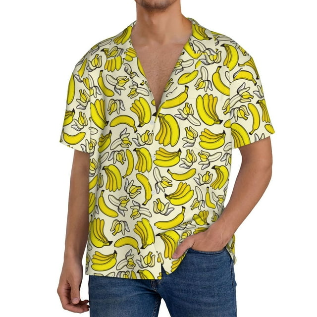 Fotbe Banana Camisa Estampada de Manga Corta para Hombre, Casual de Verano, Estilo Playero, Sin Arrugas-Large