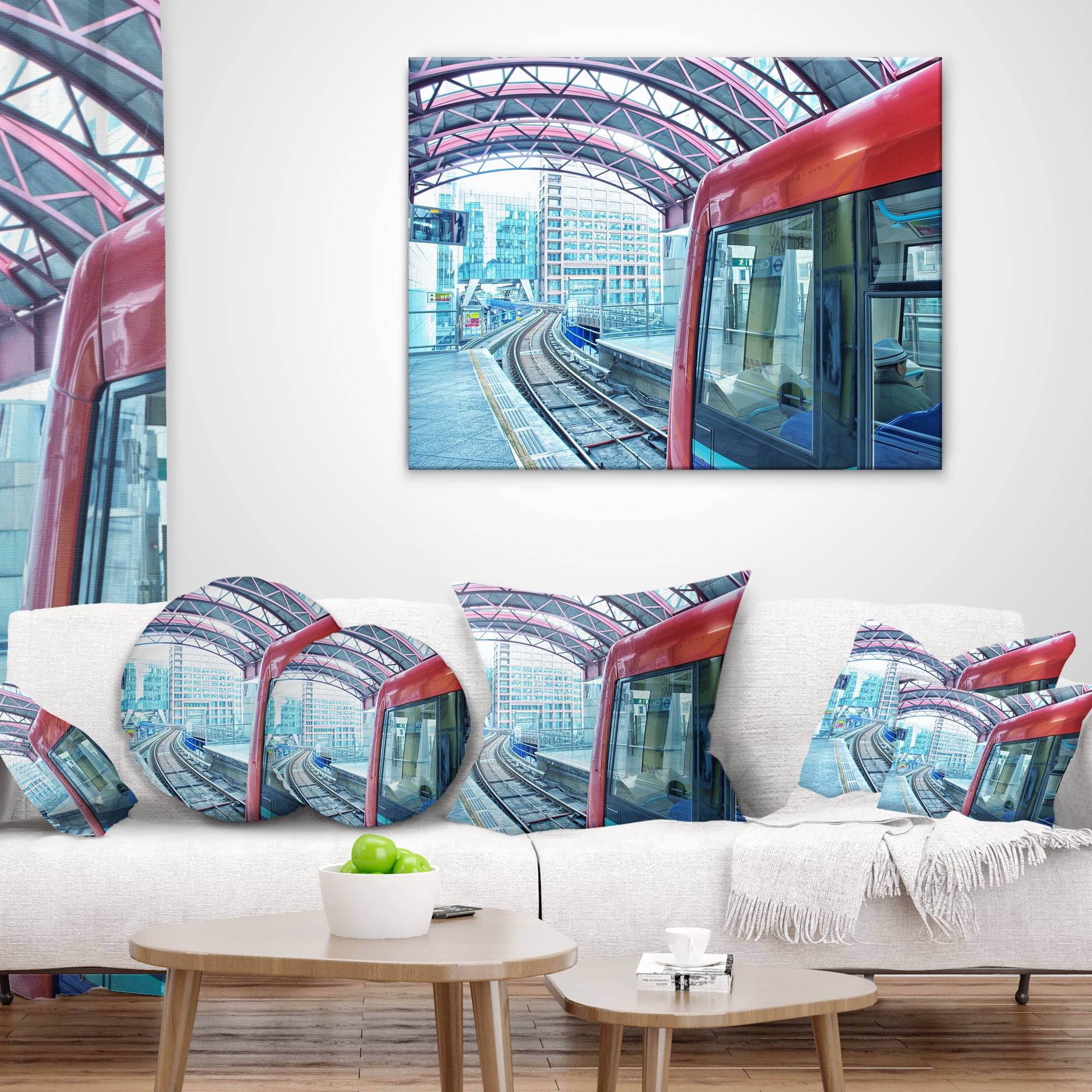 Designart Departing London Subway Train - Modern Cityscape Throw Pillow - 18x18