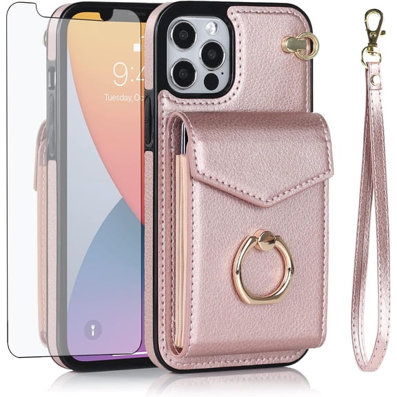MYKOMI Phone Case for iPhone 12 Pro iPhone12 6.1 Wallet Cover with HD Screen Protector and RFID Blocking Ring Stand Card Holder Cell Accessories iPhone12pro 5G i 12s 12pro Women Men
