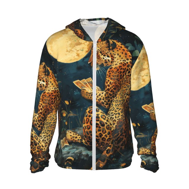 Fotbe Leopard Reading Tarot Cards Chaqueta con Protección Solar UPF 50+ para Hombre y Mujer, Camisa con Capucha y Bolsillos-3X-Large