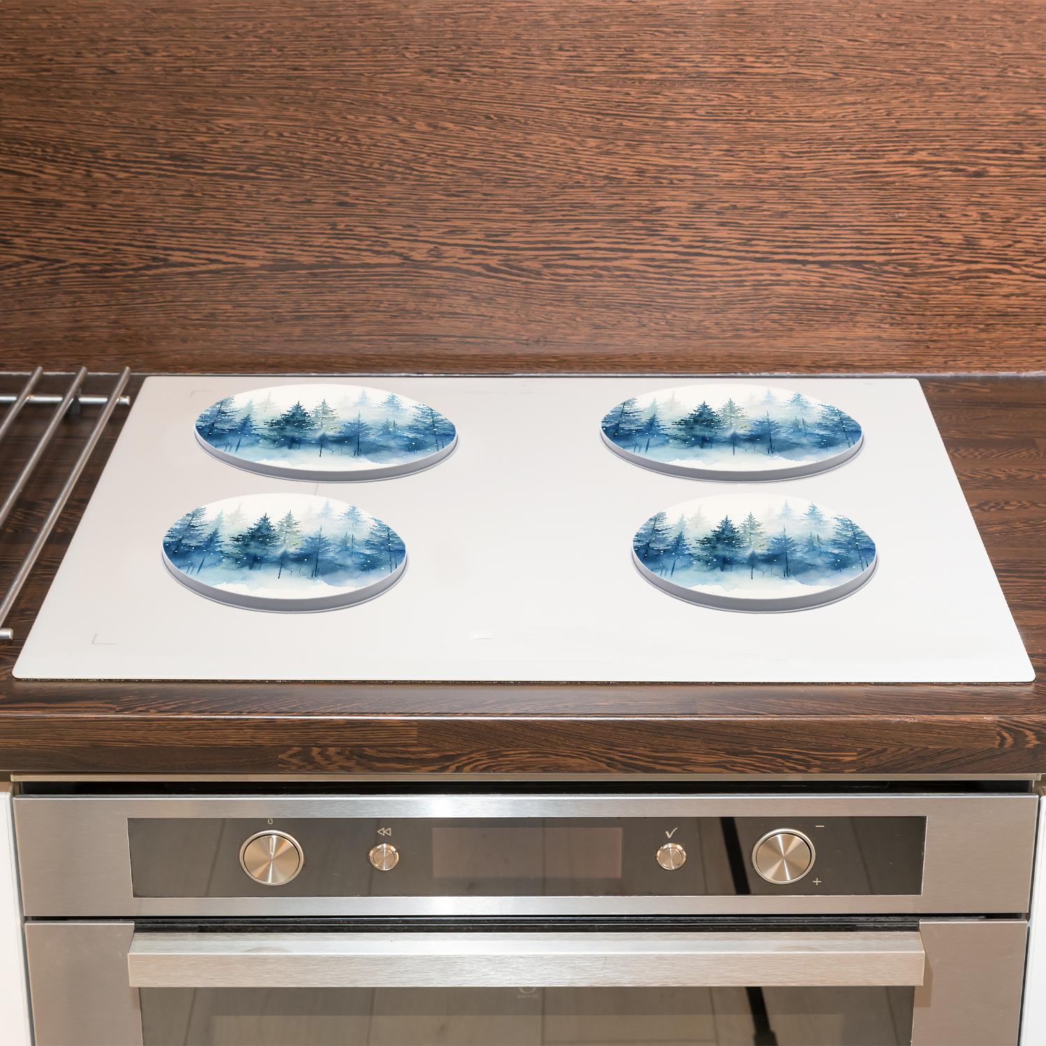 Stove Burner Covers 4 Pcs for ,Winter Pine Trees and Snowfall print, Round Gas Stove Burner Cover 8Inch And 10Inch