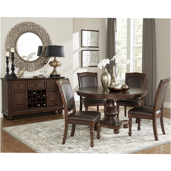 JERFIT 5-Piece Traditional Round Dining Set with Faux Leather Chairs, Pedestal Table for 4, Brown Cherry Finish