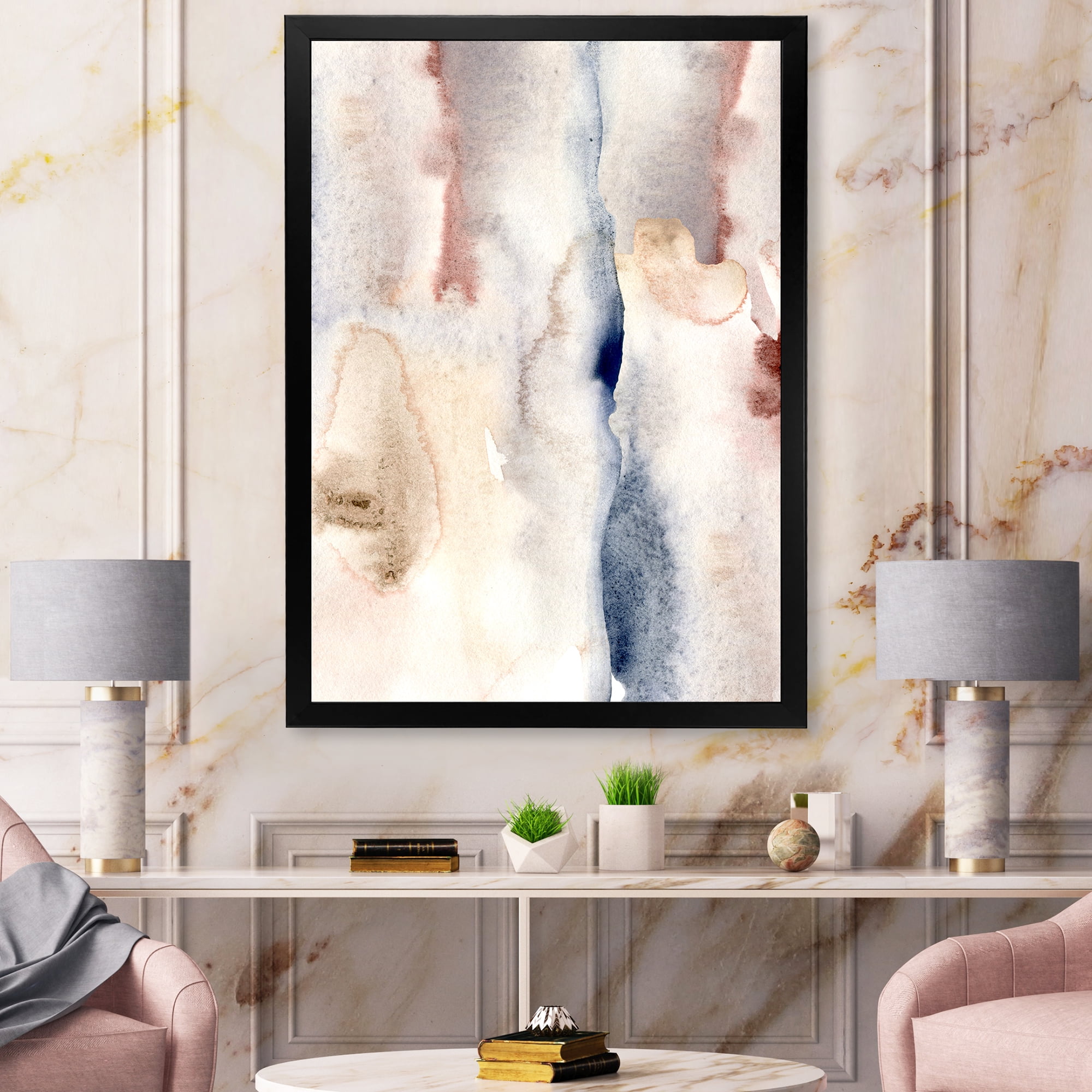 Designart 'Pastel Abstract With Pink Dark Blue and Gray Spots' Modern Framed Art Print