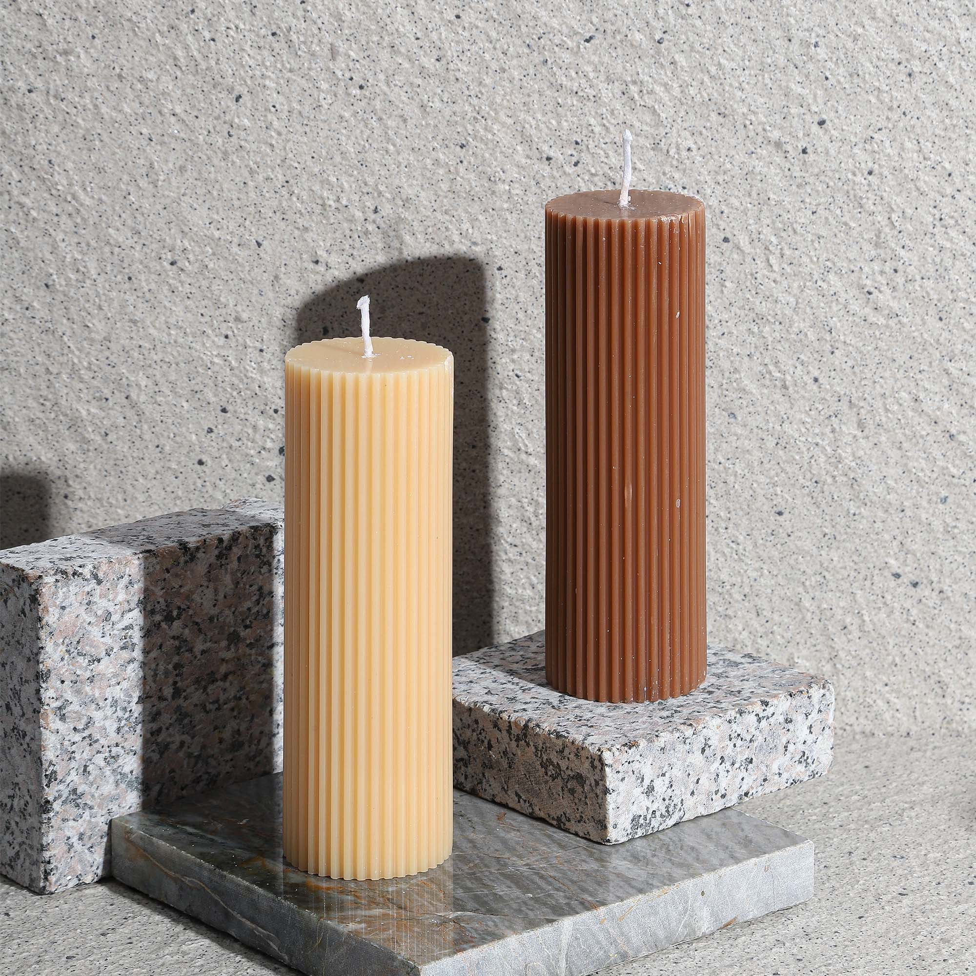 Pillar Candles 2x6'' Fluted Ribbed Column Modern Home Décor Soy Wax Handmade (4 Packs, Buff Yellow)
