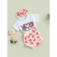 thumbnail image 3 of Wassery Baby Infant Girls Summer Outfits Strawberry Print Short Sleeve Round Neck T-shirt Tops +Casual Elastic Strawberry Shorts+ Headband 3Pcs Set 0-24M, 3 of 8