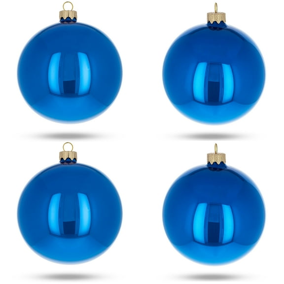 Set of 4 Glossy Blue Glass Ball Christmas Ornaments 4 Inches
