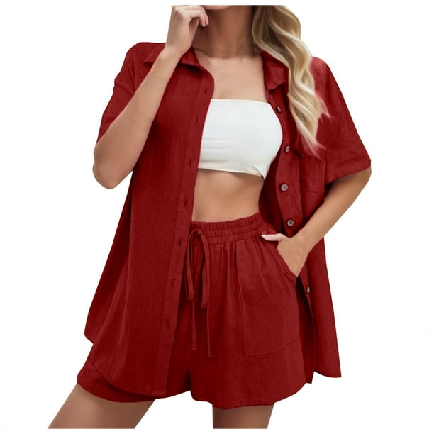 Conjunto de 2 piezas para mujer con camisa con solapa y pantalones cortos: color liso, traje informal de verano, poliéster, corte ajustado, tallas S-XL, ropa para vacaciones/fiestas