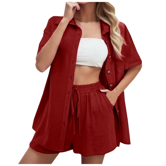 Conjunto de 2 piezas para mujer con camisa con solapa y pantalones cortos: color liso, traje informal de verano, poliéster, corte ajustado, tallas S-XL, ropa para vacaciones/fiestas
