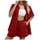 thumbnail image 1 of Conjunto de 2 piezas para mujer con camisa con solapa y pantalones cortos: color liso, traje informal de verano, poliéster, corte ajustado, tallas S-XL, ropa para vacaciones/fiestas, 1 of 8
