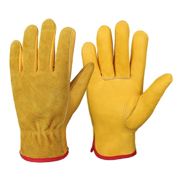 Guantes de trabajo de cuero Guantes de jardinería de piel de vacuno resistentes para corte de madera/construcción/conducción de camiones/trabajo de jardín/jardín para hombres y mujeres 1 par (dorado, pequeño) - S Sailing Electrónica