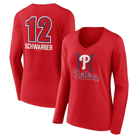 Women's Kyle Schwarber Red Philadelphia Phillies Fastball Player Name & Number Long Sleeve V-Neck T-Shirt