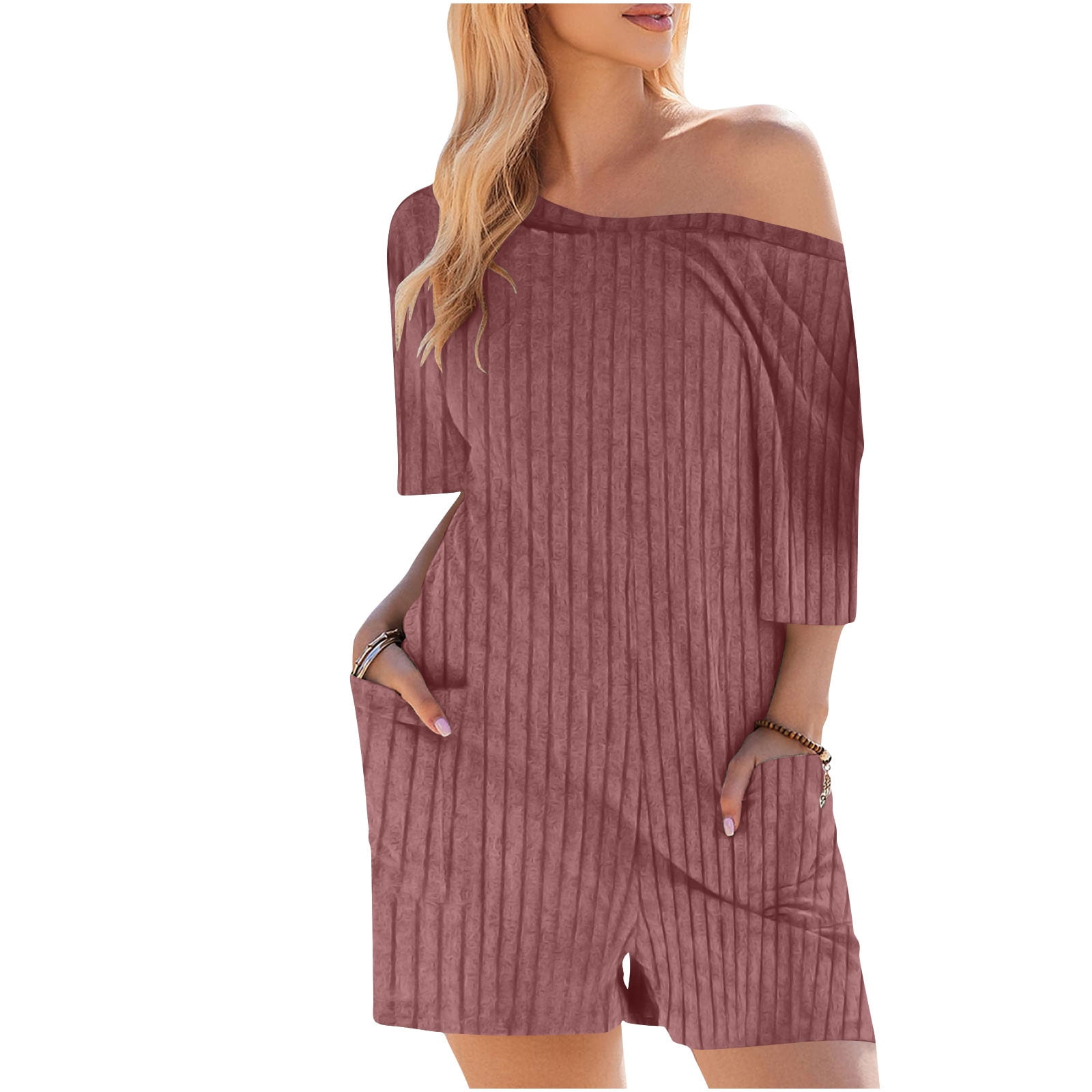 Feancey Oversized Rompers for Women Plus Size Trendy Knitted Jumpsuits Business Casual Short Sleeve Overalls Solid Color Loose One Piece Romper with Pockets Pink S