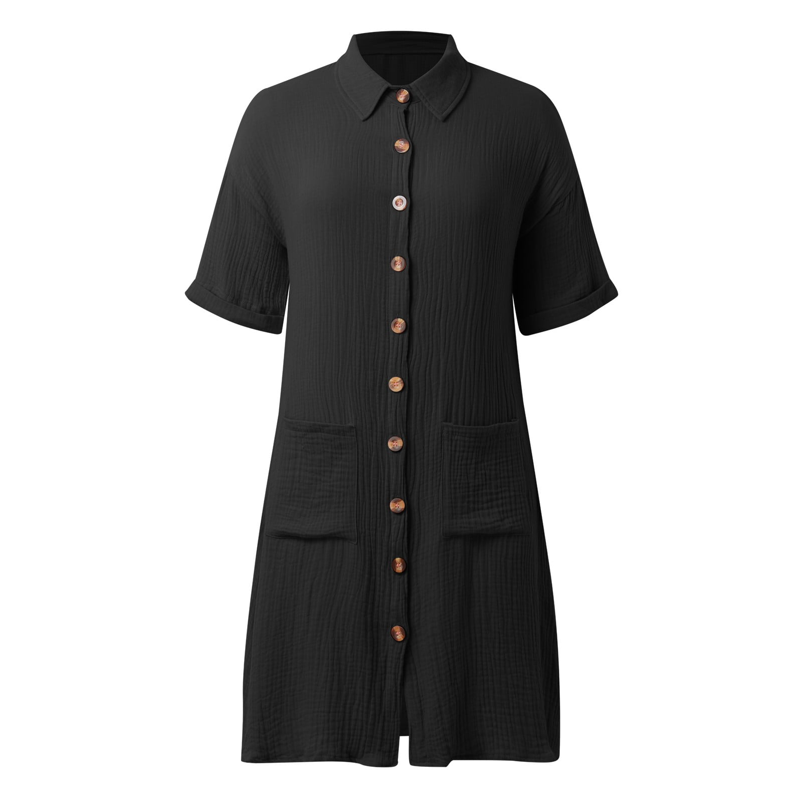 Summer Dresses For Women Solid Color Button Down Lapel Short Sleeve Loose Casual Mid Length Shirt Dress Outwear,Black,M
