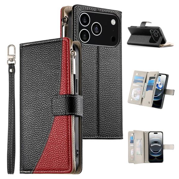 For iPhone 17 Pro 6.3" Splicing Multi Card Slots/Pocket Zipper Wallet Strong Magnetic Attachment/Closure, PU Leather Flip Wallet Case With Hanging Rope,Black,For iPhone 17 Pro
