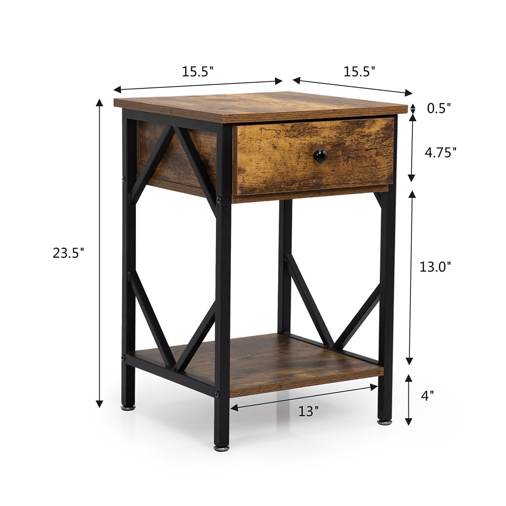 Kadyn Set of 2 Nightstand for Closet, Industrial End Table with Drawer for Sofa Couch, Storage Shelf and Metal Frame for Living Room, Rustic Brown Kadyn Set of 2 Nightstand for Closet, Industrial End Table with Drawer for Sofa Couch, Storage Shelf and Metal Frame for Living Room, Rustic Brown