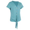 thumbnail image 3 of Camiseta Henley para mujer, blusa de manga corta larga con nudo delantero, cuello en V y botones S verde, 3 of 9