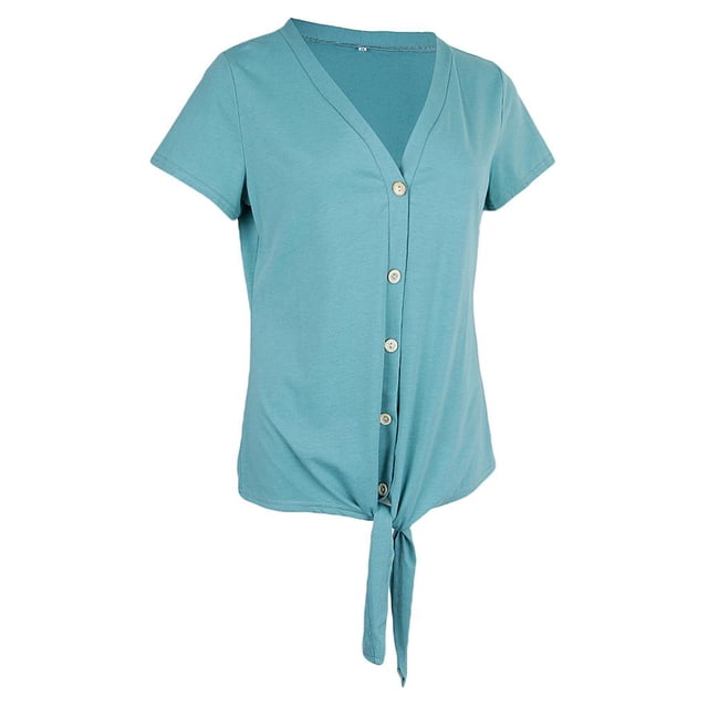 Blusa de manga corta con nudo con cuello en cuello en mujer Tops Camisetas sólidas S verde Macarena Camisas de mujer con botones